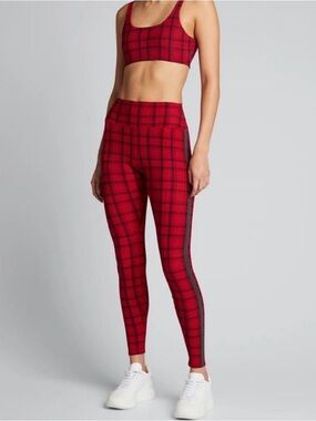 ALO Yoga Cherry Red Tartan Plaid HR Leggings Sz S EUC